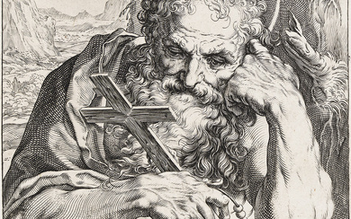 AGOSTINO CARRACCI Saint Jerome. Engraving, circa 1595. 198x148 mm; 8x6 inches, thread margins...