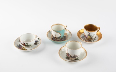 ALLEMAGNE, Meissen Trois tasses et trois soucoupes en porcelaine à décor polychrome de paysans dans...