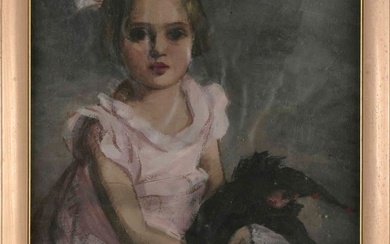 AMERICAN SCHOOL (Early 20th Century,), A young girl with a bow in her hair., Oil on unstretched