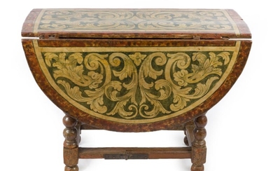 AN 18TH CENTURY ITALIAN POLYCHROME GATELEG TABLE WITH DROPSIDES, THE TOP PAINTED WITH A SCROLL AND FOLIATE MOTIF, 71CM H X 128CM W X...