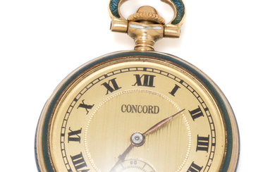 AN ANTIQUE 14CT GOLD ENAMELLED CONCORD PENDANT WATCH; golden dial...