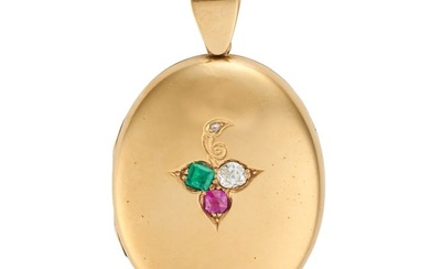 AN ANTIQUE DIAMOND, RUBY AND EMERALD LOCKET PENDANT in yellow gold, the hinged oval locket set with
