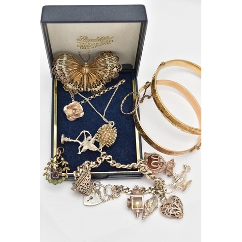 AN ASSORTMENT OF JEWELLERY, to include a rolled gold suffrag...