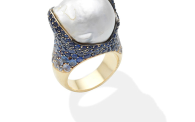 ANDRE MARCHA: CULTURED PEARL AND SAPPHIRE DRESS RING