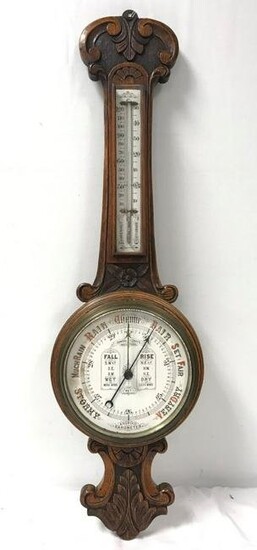 ANTIQUE ENGLISH OAK BAROMETER WITH THERMOMETER