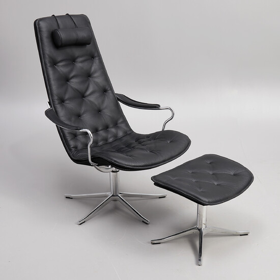 ARMCHAIR, with footstool, Conform, black leather, contemporary.