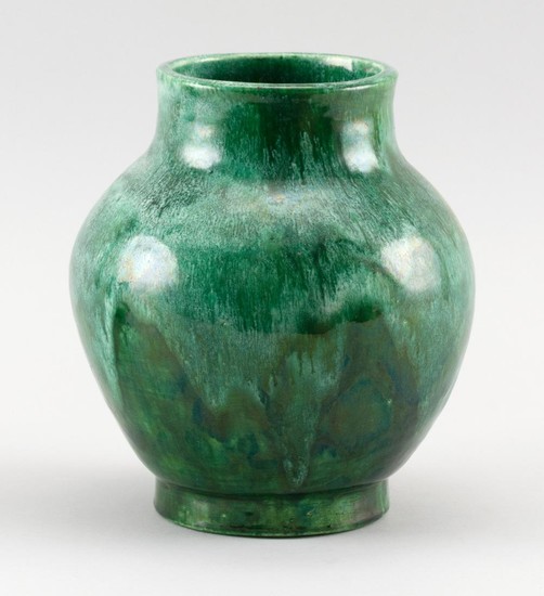 ART POTTERY VASE Balustroid, with a heavy, variegated green glaze. Unidentified impressed mark. Height 7.25".