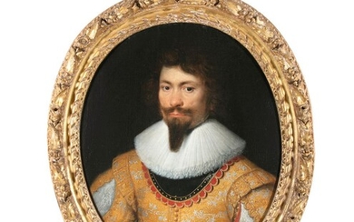 ATTRIBUÉ À DANIEL MYTENS (1590-1647) Portrait d'un gentleman, vêtu d'une veste brochée d'or fin avec...