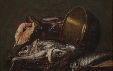 Alexander Adriaenssen1587 Anvers - 1661 ibid, Circonférence Nature morte avec poissons et bouilloire en cuivre...