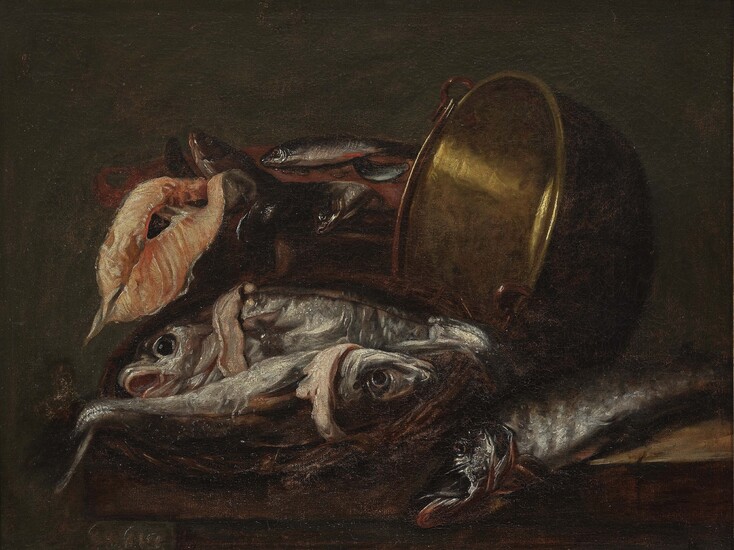 Alexander Adriaenssen1587 Anvers - 1661 ibid, Circonférence Nature morte avec poissons et bouilloire en cuivre...