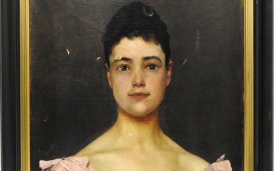 Alexandre BERTIN (1853-1934) attribué à Portrait de femme à la robe rose. Huile sur toile....