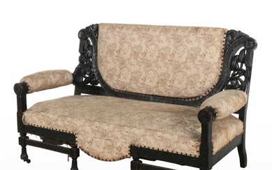 American Aesthetic Movement Carved and Ebonized Settee, Late 19th Century