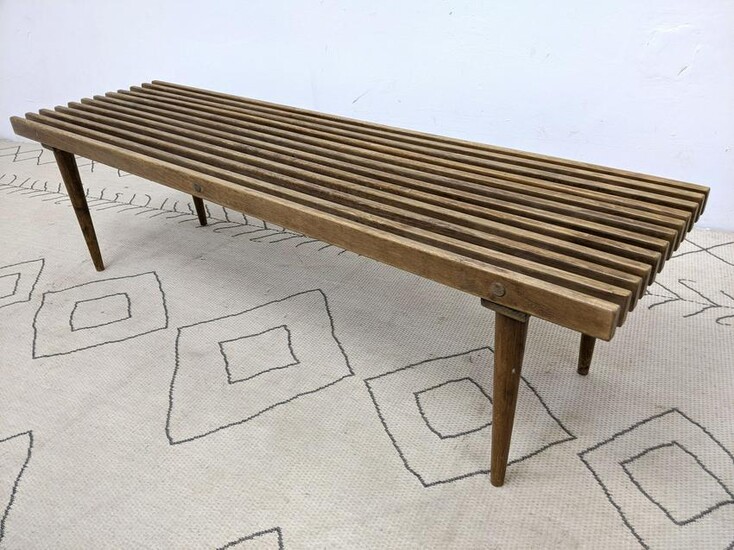 American Modern Walnut Slat Bench Coffee Table. Tapered
