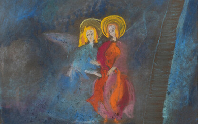American School (20th Century) Angels on Blue Ground Monogramed 'TB' and signed indistinctly lower left. Pastel on paper/board, framed. sight 25 x 19 in. (63.6 x 48.3)