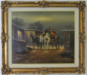 American Western Cowboys Horse Buggy Oil Painting