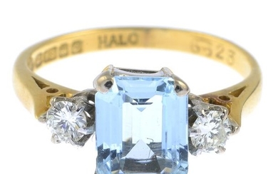An 18ct gold aquamarine and brilliant-cut diamond three-stone...