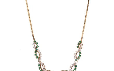 An 18ct gold emerald and brilliant-cut diamond necklace, est...