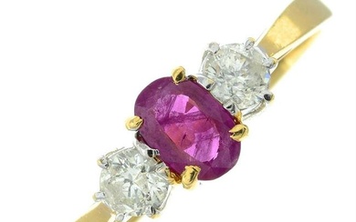 An 18ct gold ruby and diamond three-stone ring.