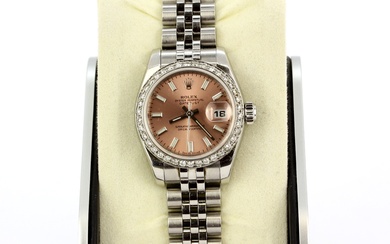 An 18ct white gold and steel Inox Rolex Datejust wristwatch with date function, salmon pink face and diamond set bezel.