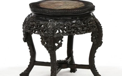 An Antique Chinese Carved Wooden Low Table with Marble Inset