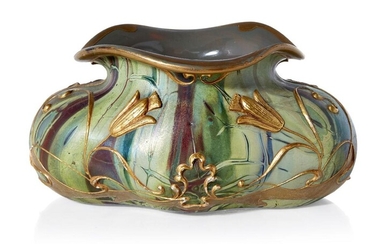 An Art Nouveau cased and surface decorated vase, possibly 'Hekla' glass by the Bohemian firm Harrach, c.1900, ground out pontil, The lobed form with an agate coloured interior, with broad undulating rim, with streaked and coloured outer layer that...