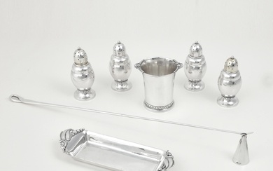 An assembled seven piece group of Modernist sterling silver tableware, various makers, 20th century