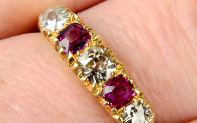 An early 20th century 18ct gold alternating old-cut diamond and ruby five-stone ring.