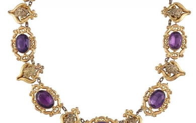 An early Victorian gilt-mounted purple paste necklace, composed of a...