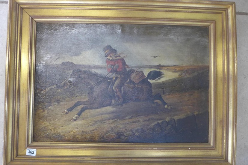 An oil on canvas, Horse and rider at speed, signed R Leaglan...