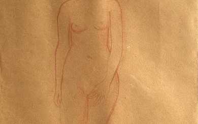 André DERAIN (1880-1954). Nu féminin debout. Sanguine sur papier bistre, signée au crayon en bas...