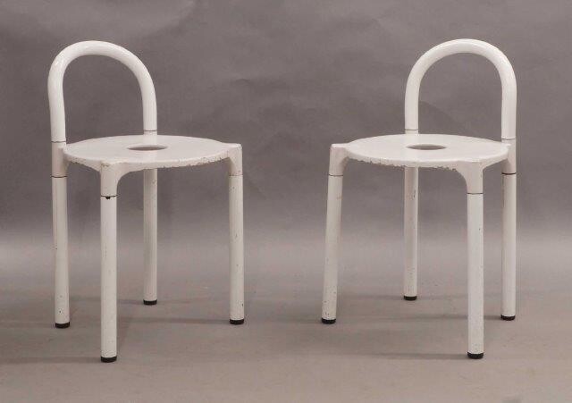 Anna Castelli Ferreiri, a pair of 'Polo' Stools for Kartell, c.1980, the white enamelled tubular frames with white lacquered wooden seats (2)