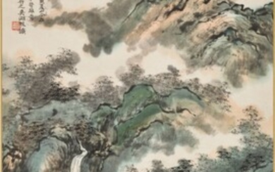 Anonymous Landscape in the style of Wu Hufan hanging scroll, ink and colour on paper | 仿吳湖帆瀟湘雨過圖 設色紙本 鏡框