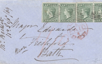 Antigua 1869 (11 Sept.) envelope to Bath, rated "1/10" in red crayon, bearing 6d. green (4)