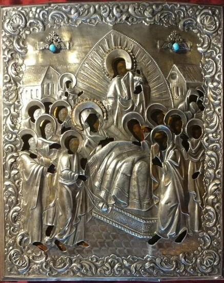 Antique 18C 84 Silver Russian Icon Of The Dormition Of
