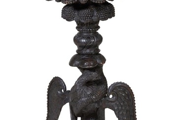 Antique Burmese Carved Wood Shesham Figural Jardiniere Stand, late 19th c., with a pierced floral