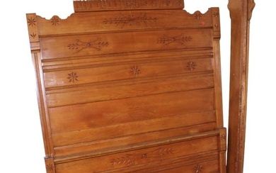 Antique Eastlake chestnut spoon carved high back bed with rails