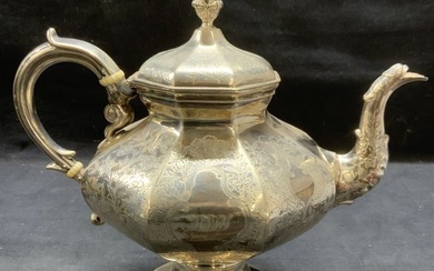 Antique Etched Silver & Bone Teapot