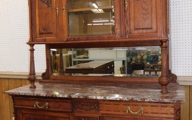 Antique Oak French Marble Top Cupboard with Bevel Glass Door Top (Four Parts)
