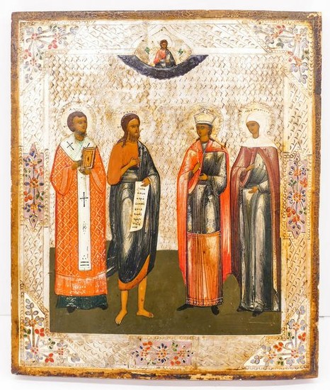 Antique Russian ''Four Saints'' Gilt and Polychrome