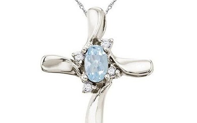 Aquamarine and Diamond Cross Necklace Pendant 14k White Gold 1.05 cttw