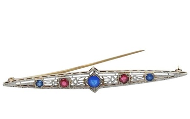 Art Deco 14K Sapphires Rubies Bar Brooch Pin