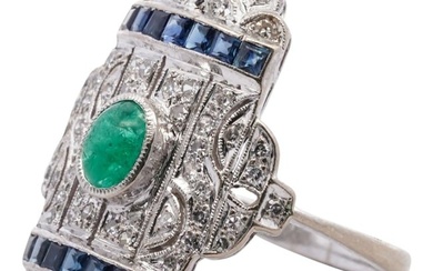 Art Deco 18k Gold, Emerald, Sapphire and Diamond Ring