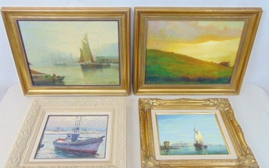Art lot, 4 paintings, giclees, nautical, ship scenes & one landscape, sail ship in harbor &