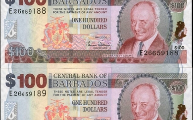 BARBADOS. Lot of (2). Central Bank of Barbados. 100 Dollars, 2007. P-71a. Consecutive. Uncirculated.
