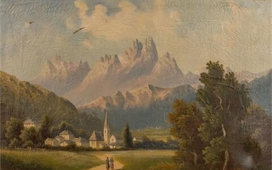 BAUER, C. (BAUR?, 19. Jh.), "Romantische Landschaft mit Dorf in den Alpen"