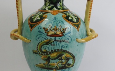 BLOIS - Émile BALON (1859-1929) : Vase sur piédouche en faience, double anse serpentine, à...