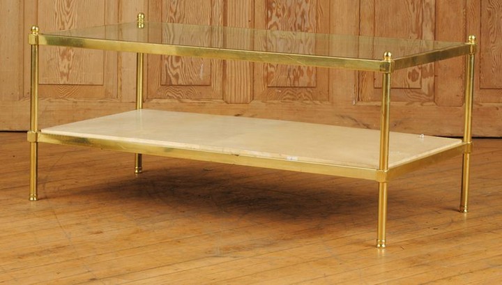 BRASS GLASS COFFEE TABLE WOOD COVERED PARCHMENT