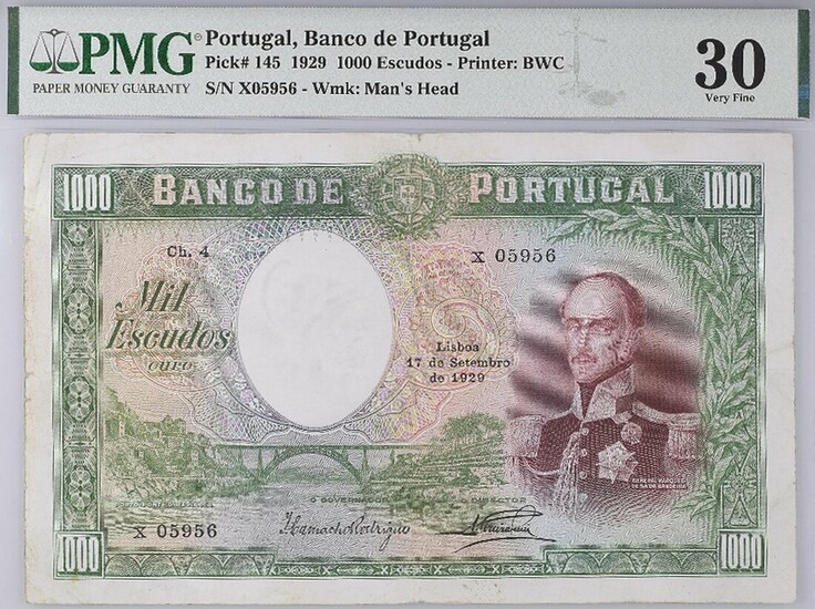 Banco de Portugal, 1000 escudos, 17 September 1929, Ch. 4, serial number X05956, (Pick 145)