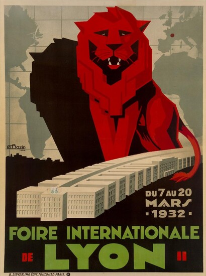 Bazin for Bernard Sirven, Art Deco poster for the 'Foire Internationale de Lyon 1932', Lithographic poster in colours (framed), 160cm x 120cm