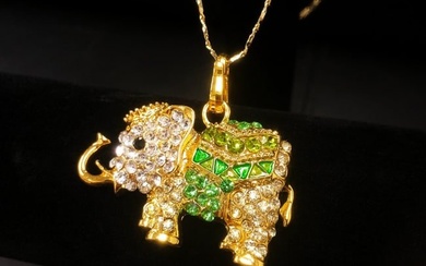 Bejeweled Green And Gold Rhinestone Ganesh Chaturthi Elephant Pendant Paired With Necklace Marked